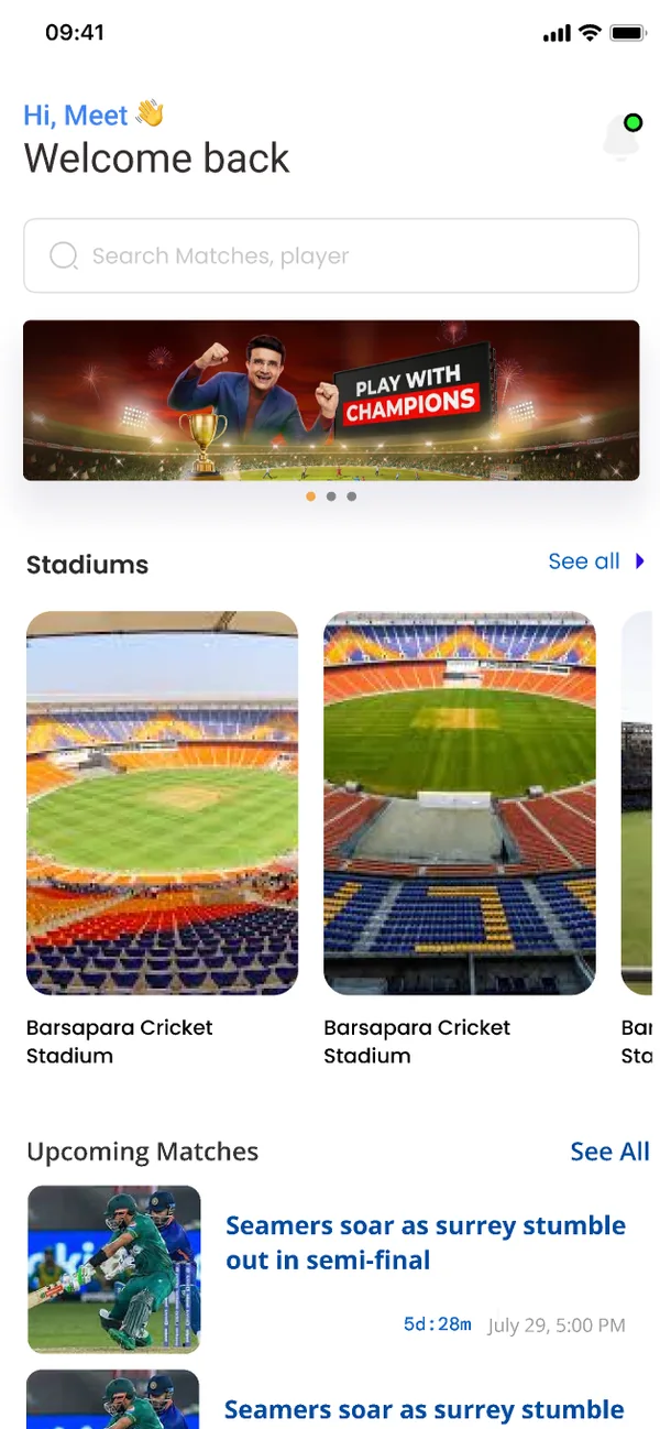 Cricket Ground Booking home screen